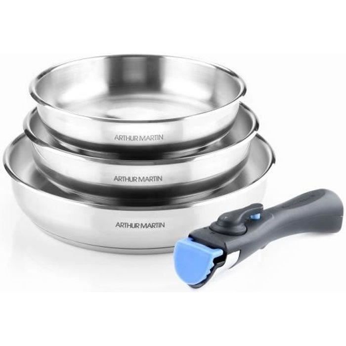 Arthur Martin Frying Pan Set - AM1410 - Stainless Steel - 20-24-26 cm - Removable Handle 3-Piece