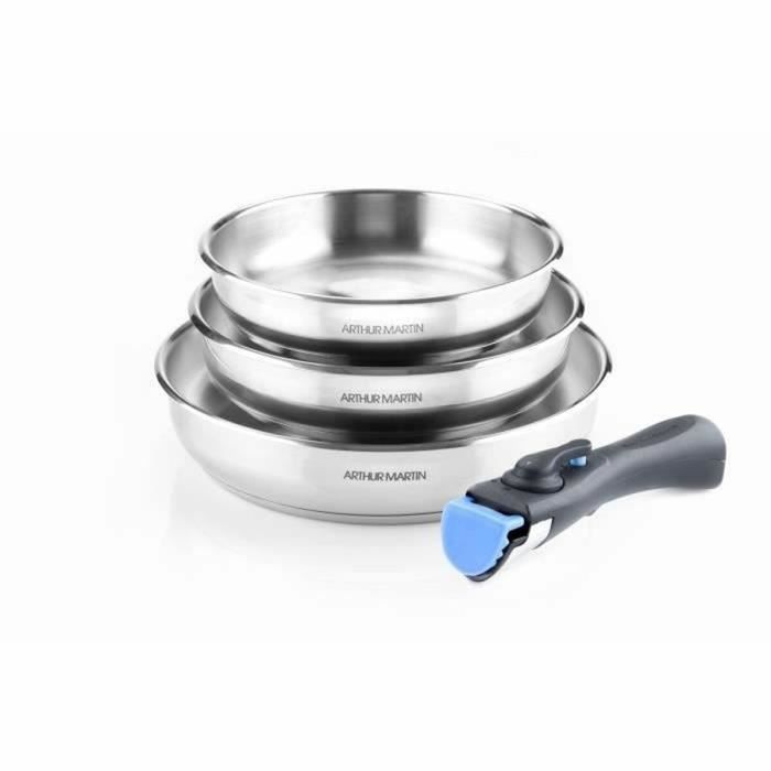 Arthur Martin Frying Pan Set - AM1410 - Stainless Steel - 20-24-26 cm - Removable Handle 3-Piece