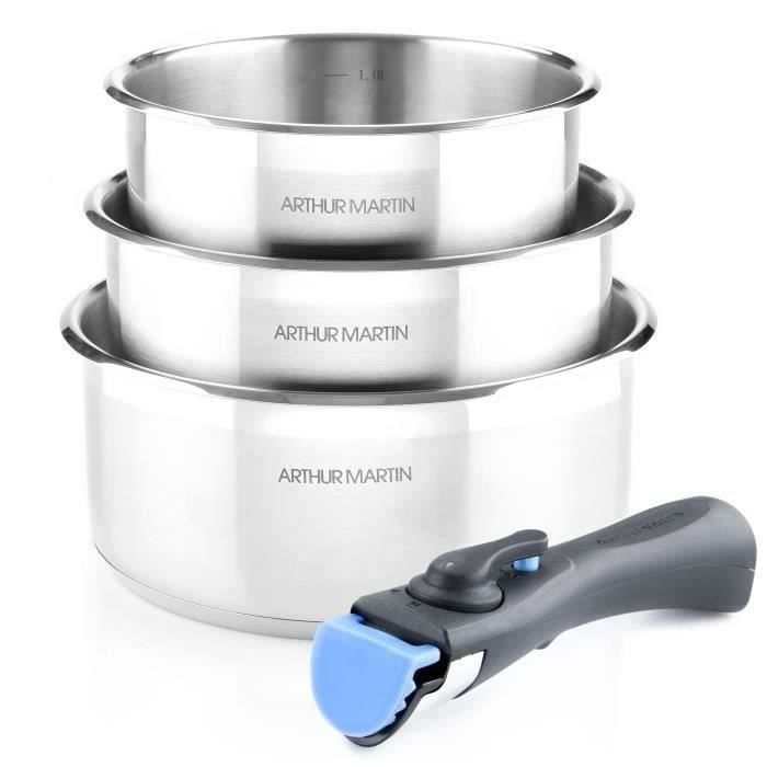 Arthur Martin AM3710 3-Piece Saucepan Set 16-18-20 cm - Stainless Steel - Removable Handle - Suitable for All Hobs