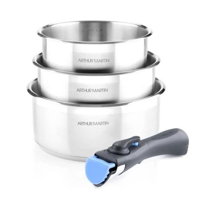 Arthur Martin AM3710 3-Piece Saucepan Set 16-18-20 cm - Stainless Steel - Removable Handle - Suitable for All Hobs