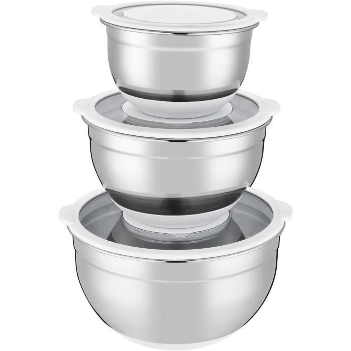 ARTHUR MARTIN Salad Bowl Set - 16-20-24 cm - Airtight Lids - Stainless Steel - Non-slip Silicone Base