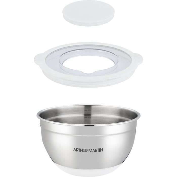ARTHUR MARTIN Salad Bowl Set - 16-20-24 cm - Airtight Lids - Stainless Steel - Non-slip Silicone Base