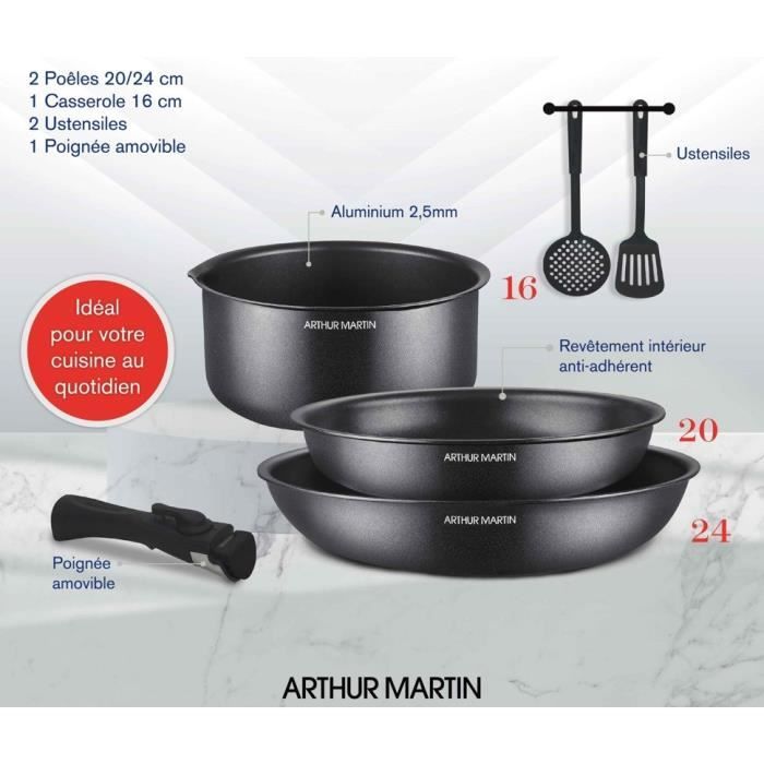 Arthur Martin Cookware Set - 6 Pieces - AM9582 - Aluminum - Non-stick - Removable Handle - Suitable for All Hobs Including Induction