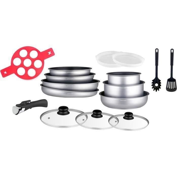 Arthur Martin AM3950 16-Piece Cookware Set - Aluminum - Removable Handle - Suitable for All Hobs Including Induction