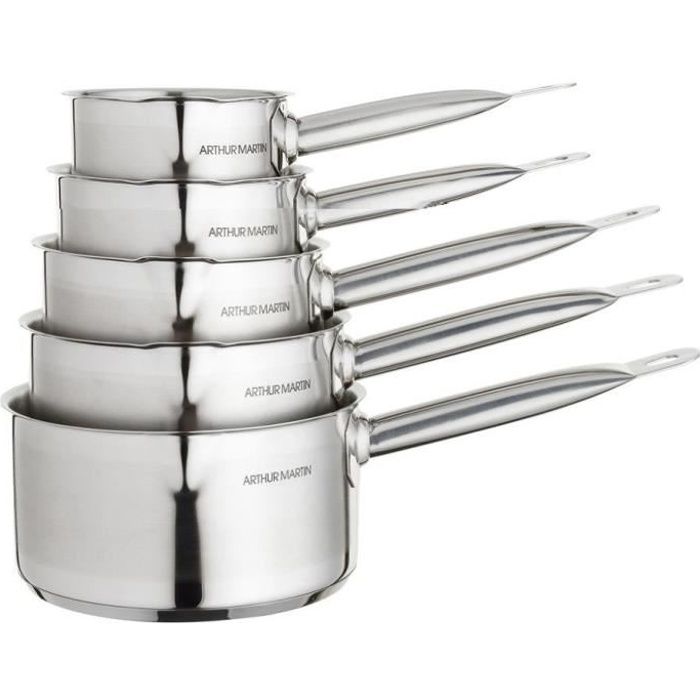 ARTHUR MARTIN 5-Piece Stainless Steel Saucepan Set - Satin Interior with Measuring Markers - Pouring Spout - Suitable for All Hobs Including Induction