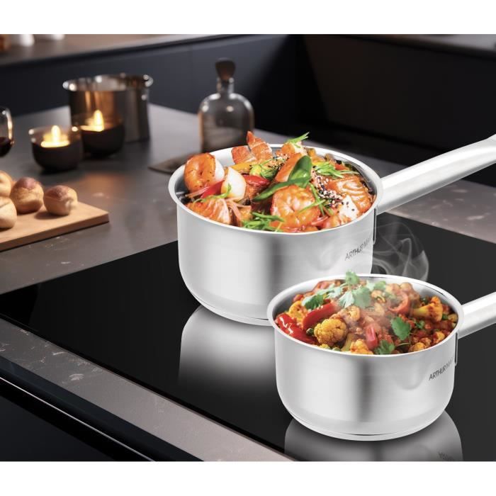 ARTHUR MARTIN 5-Piece Stainless Steel Saucepan Set - Satin Interior with Measuring Markers - Pouring Spout - Suitable for All Hobs Including Induction