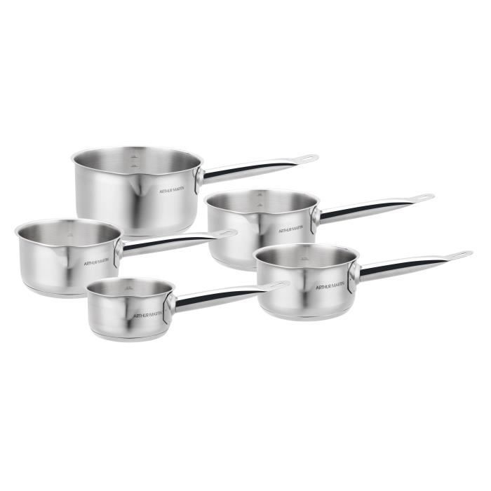 ARTHUR MARTIN 5-Piece Stainless Steel Saucepan Set - Satin Interior with Measuring Markers - Pouring Spout - Suitable for All Hobs Including Induction