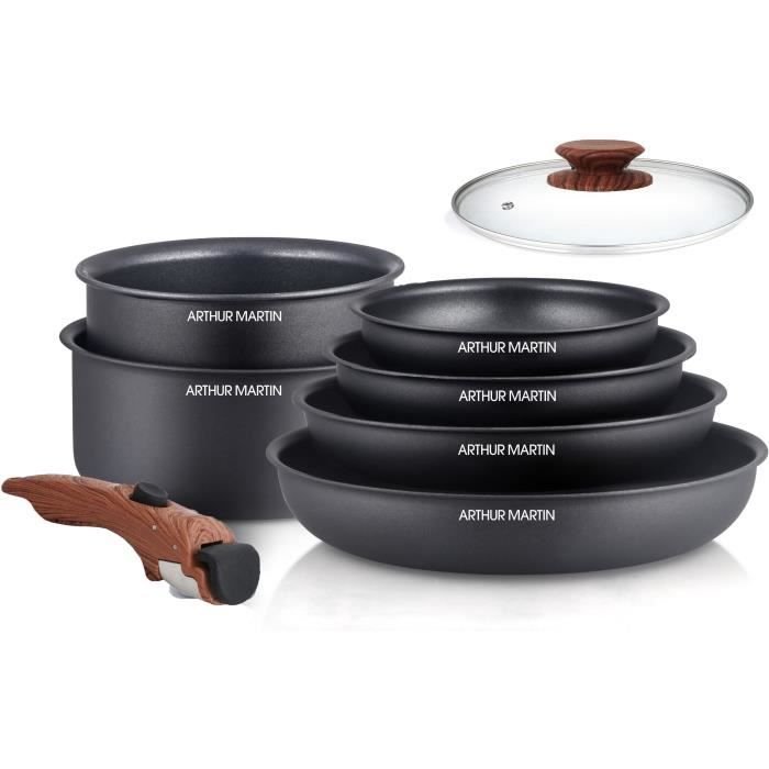 Arthur Martin 8-Piece Cookware Set - Aluminum - Wooden Handles - Suitable for All Hobs Including Induction