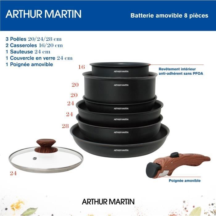 Arthur Martin 8-Piece Cookware Set - Aluminum - Wooden Handles - Suitable for All Hobs Including Induction