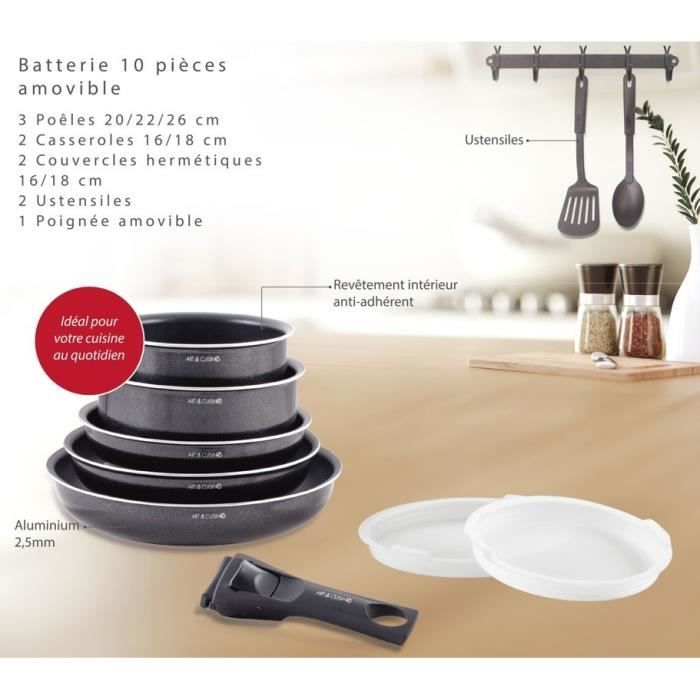 ART & CUISINE AC1083 10-piece cookware set - Aluminum - Removable handle - Suitable for all hobs including induction - Black
