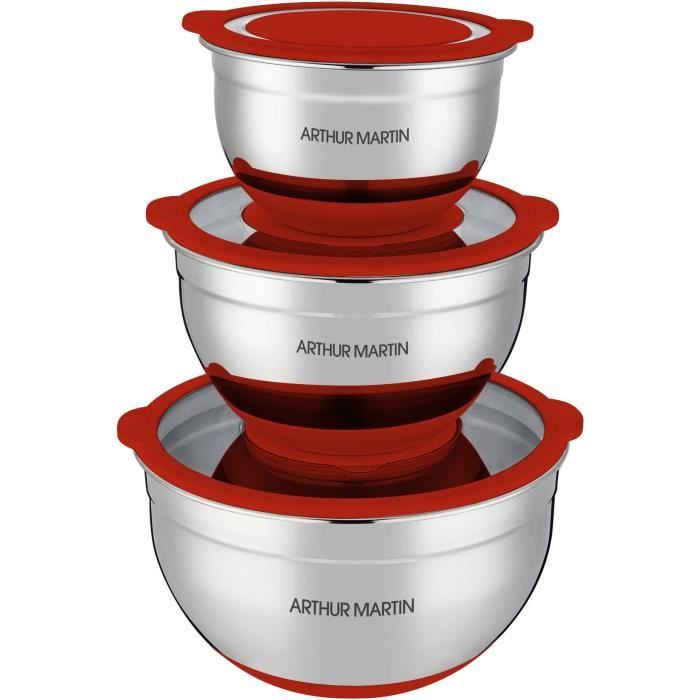 ARTHUR MARTIN Salad Bowl Set - 16-20-24 cm - Airtight Lids - Stainless Steel - Non-slip Silicone Base