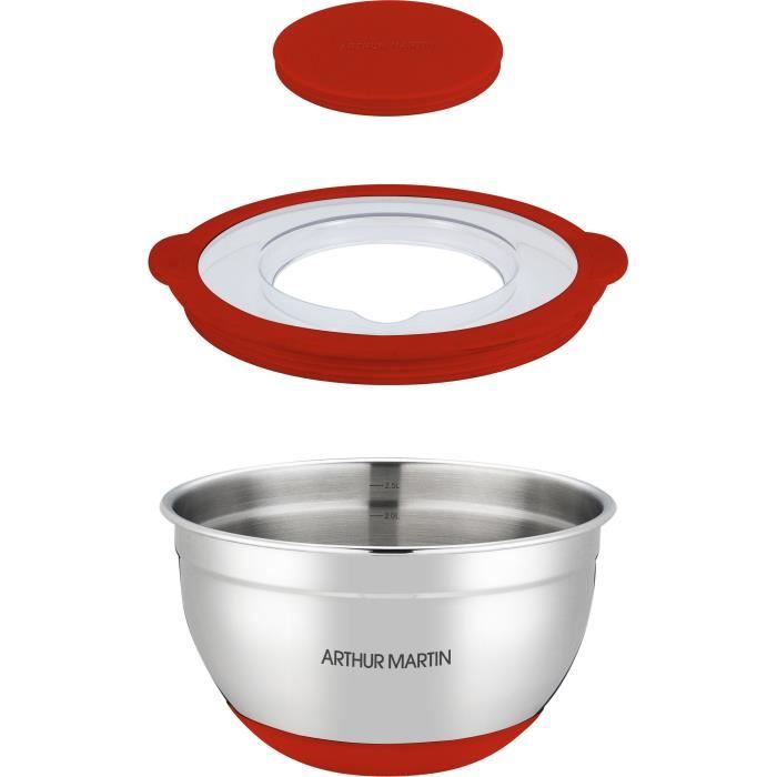 ARTHUR MARTIN Salad Bowl Set - 16-20-24 cm - Airtight Lids - Stainless Steel - Non-slip Silicone Base