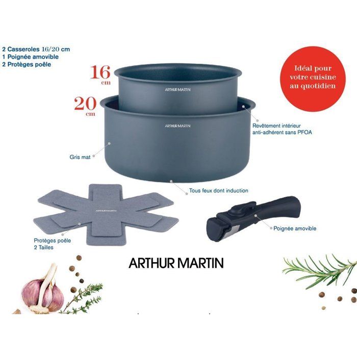 ARTHUR MARTIN Set of 2 Saucepans - Non-stick - Ø 16-20 cm + Removable Handle - Compatible with all hobs including induction - AM2984