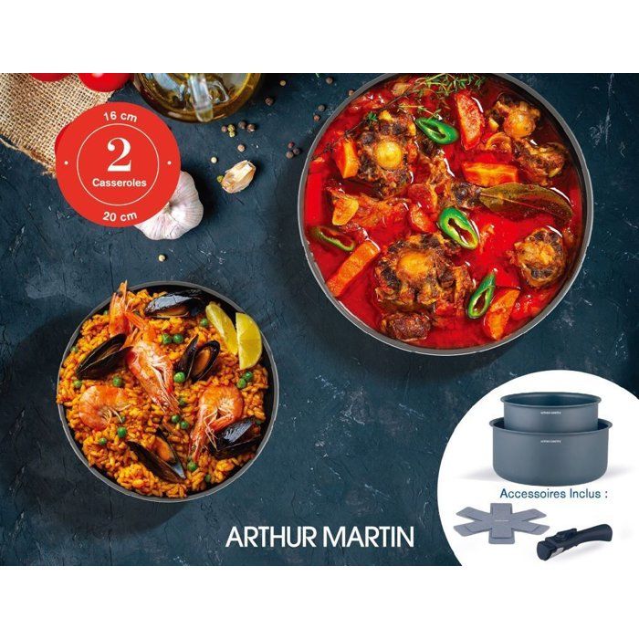ARTHUR MARTIN Set of 2 Saucepans - Non-stick - Ø 16-20 cm + Removable Handle - Compatible with all hobs including induction - AM2984