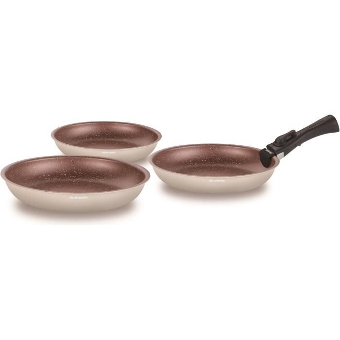 ARTHUR MARTIN Frying Pan Set - 3 Pieces - 20-24-28 cm - Removable Handle - Suitable for All Hobs Including Induction - AM4754