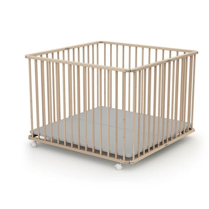 WEBABY - Square Folding Playpen - 100 x 100 cm - 4 Wheels - Up to 24 Months - Raw Beech