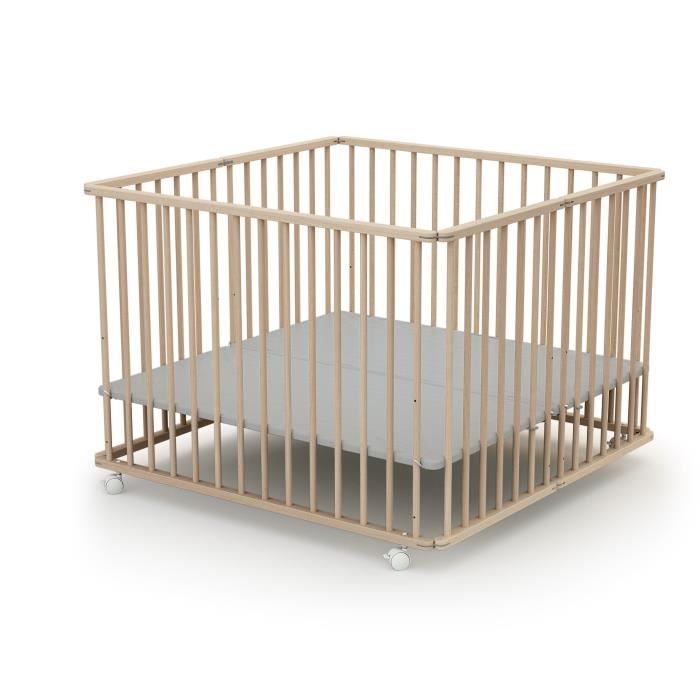 WEBABY - Square Folding Playpen - 100 x 100 cm - 4 Wheels - Up to 24 Months - Raw Beech