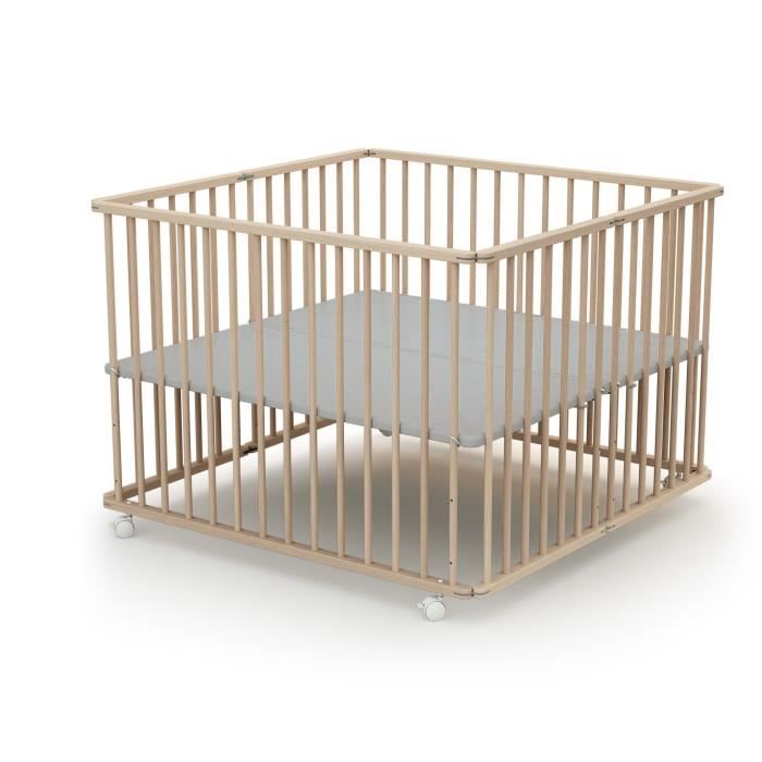 WEBABY - Square Folding Playpen - 100 x 100 cm - 4 Wheels - Up to 24 Months - Raw Beech