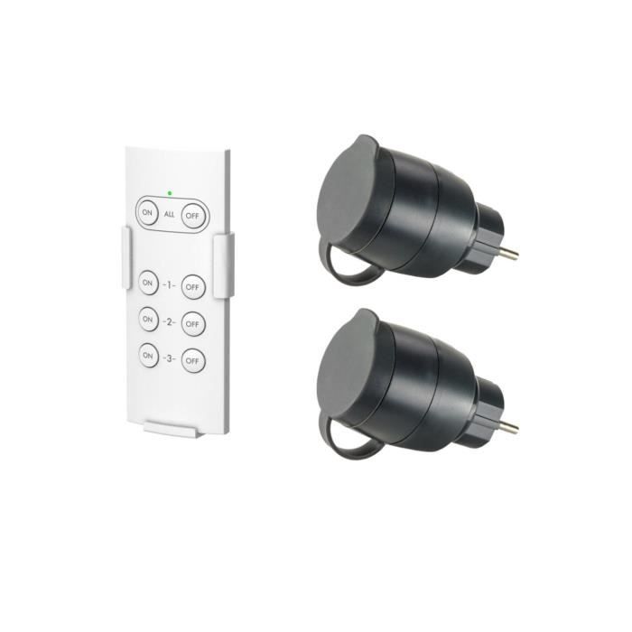 Pack de 2 prises télécommandées pour utilisation extérieure  + télécommande - GAO - 230 V - Noir