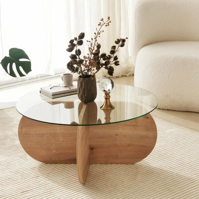 BUBBLE Glass Coffee Table - Round - Sapphire Oak - 75 x 75 x 35 cm