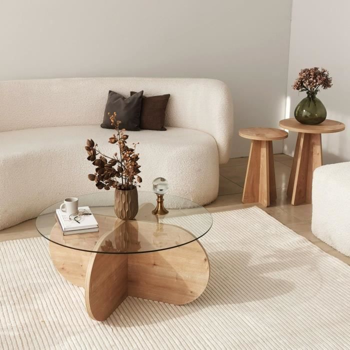 BUBBLE Glass Coffee Table - Round - Sapphire Oak - 75 x 75 x 35 cm
