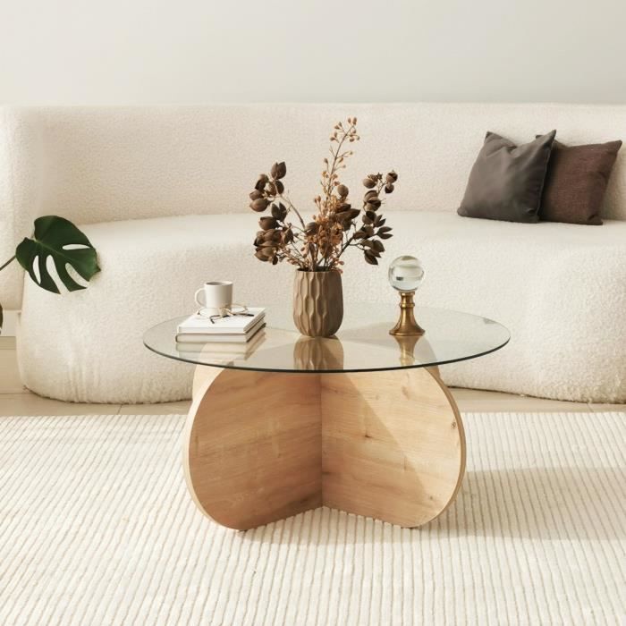 BUBBLE Glass Coffee Table - Round - Sapphire Oak - 75 x 75 x 35 cm