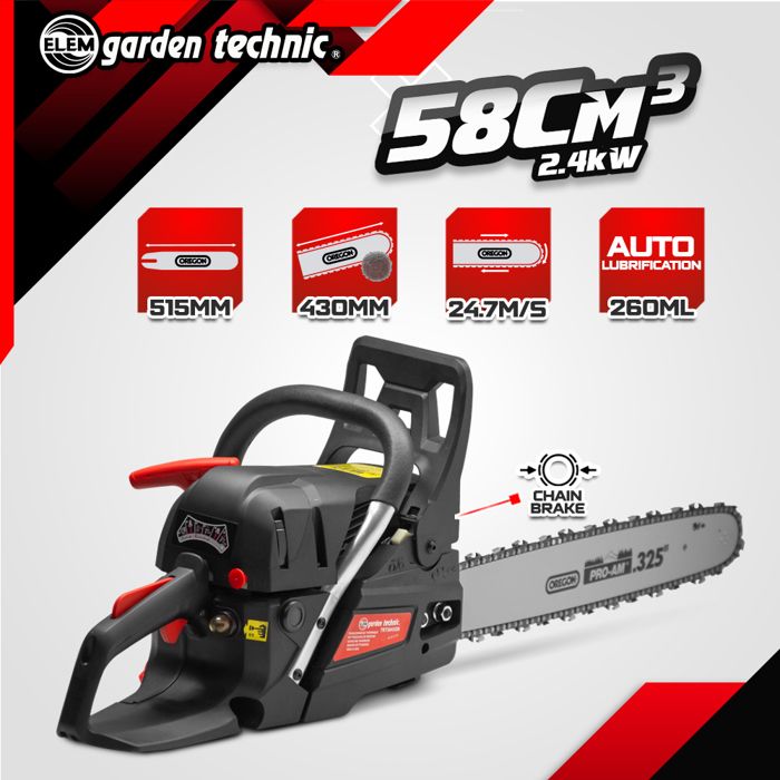 ELEM GARDEN Petrol Chainsaw - 58CC - 51.5 cm Oregon Bar - TRT5845OR