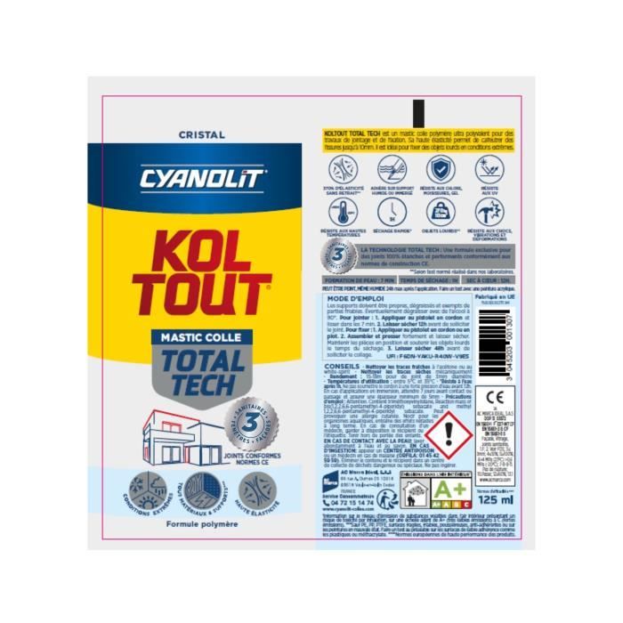 Colle de fixation et d'étanchéité - CYANOLIT - Total tech - Cristal - Tube 125 ml - Transparent - Polyvalente et flexible