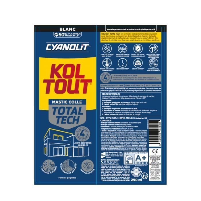 CYANOLIT Total tech White Adhesive - 290 ml Cartridge - Multi-material - Waterproof and Flexible