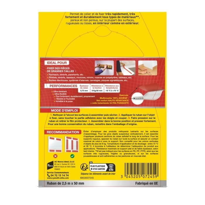 CYANOLIT Double-sided Adhesive Tape - Koltout XXL - 2.5 x 49 mm - High Adhesion - Discreet and Strong