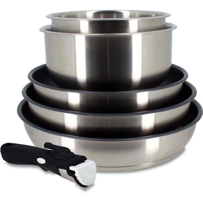 MENASTYL 6-piece cookware set - Stainless steel - Removable handle - Induction compatible - Grey
