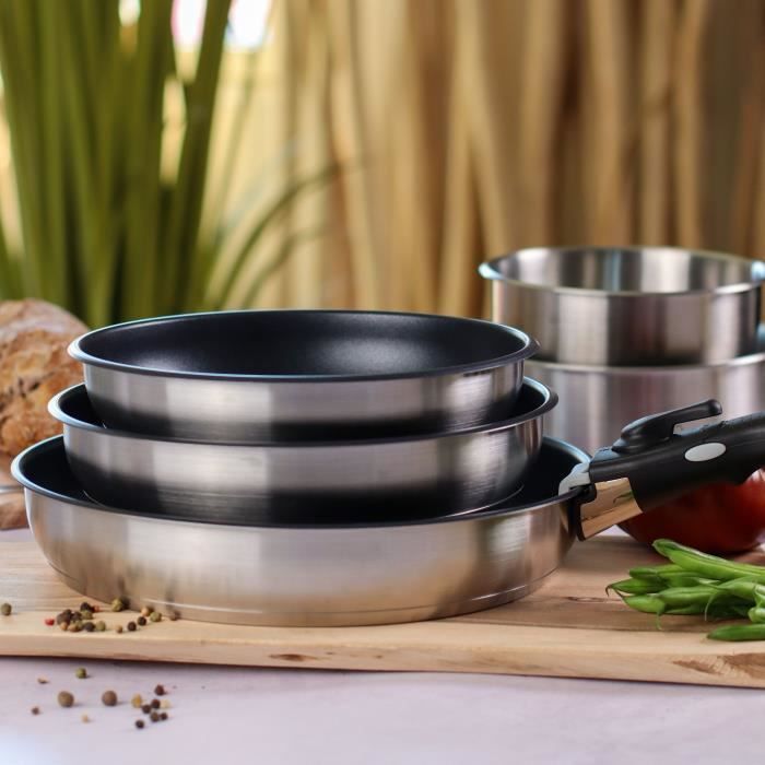 MENASTYL 6-piece cookware set - Stainless steel - Removable handle - Induction compatible - Grey