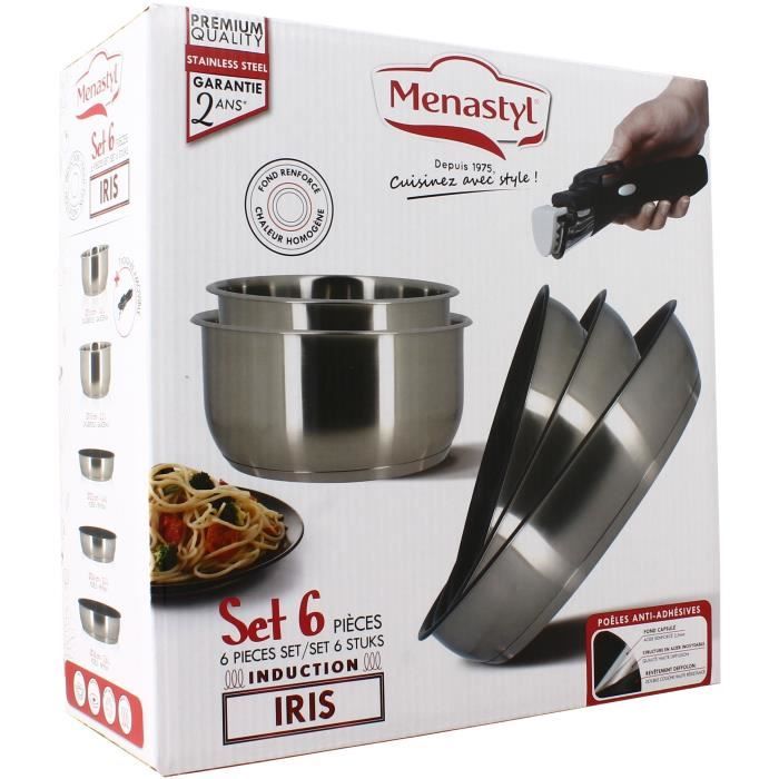 MENASTYL 6-piece cookware set - Stainless steel - Removable handle - Induction compatible - Grey