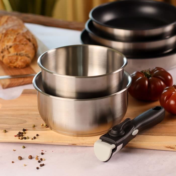 MENASTYL 6-piece cookware set - Stainless steel - Removable handle - Induction compatible - Grey