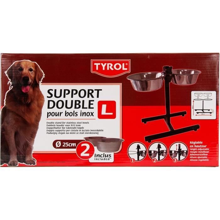 TYROL Dog Feeding Stand with 2 Stainless Steel Bowls - 25 cm - 2.8 L - Height Adjustable
