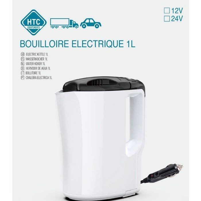 HTC EQUIPEMENTS 12V Electric Kettle - 1 L - 170W - White Body - Black Lid