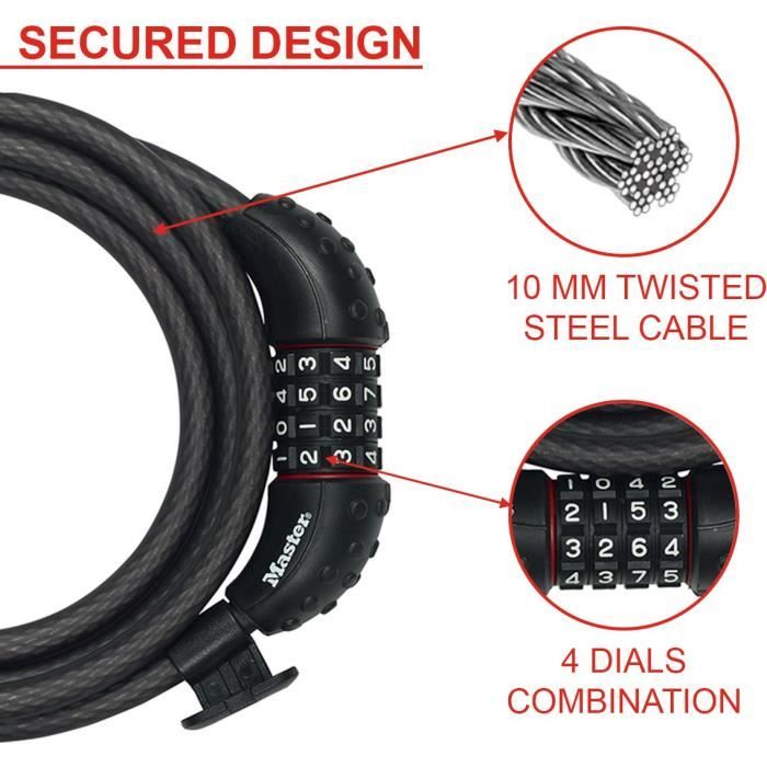 MASTER LOCK Bicycle Lock - Steel Twisted Cable, 1.8 m - 8120EURDPRO