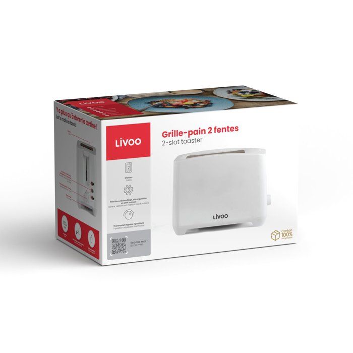 LIVOO 2-Slice Toaster - DOD162W - 750W - 7 Browning Levels - White