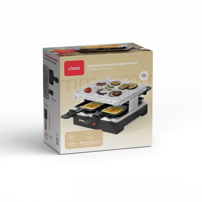 LIVOO Raclette Grill - 600W - Serves 4 People - Removable Granite Plate DOC242