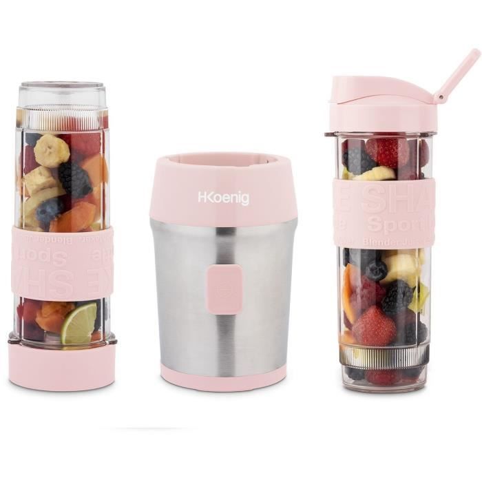H.KoeNIG Mini Blender - SMOO12 - 300 W - 570 mL - Pastel Pink - 2 Included Bottles