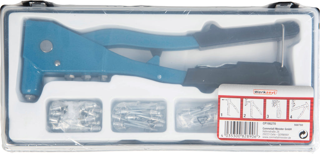 MEISTER CP195270 Riveting Pliers Set - Includes 100 Aluminum Rivets - Plastic Box