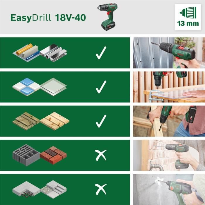 Bosch EasyDrill 18V-40 Cordless Drill Driver - 13 mm Chuck - 2 Speeds - Battery Not Included