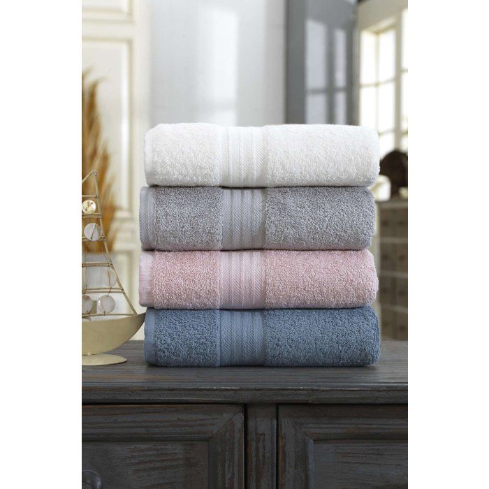 Set of 4 Hand Towels - 50 x 85 cm - 100% Cotton - White, Grey, Pink, Blue