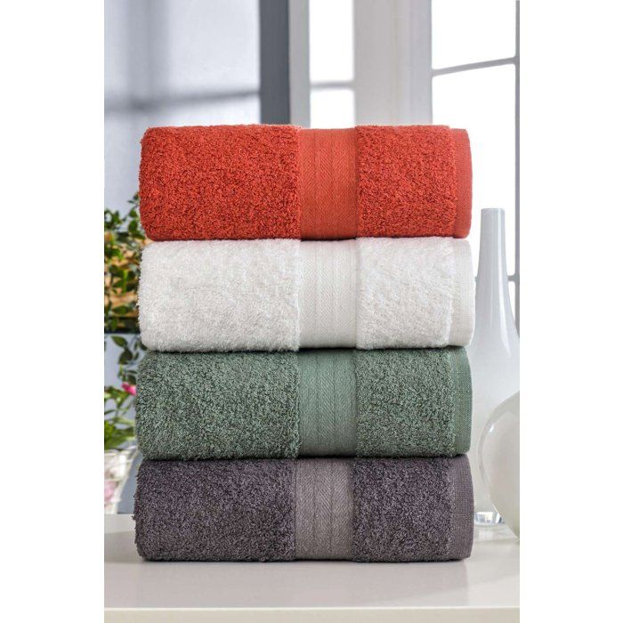 Set of 4 Hand Towels - 50 x 85 cm - 100% Cotton - White, Green, Anthracite, Orange