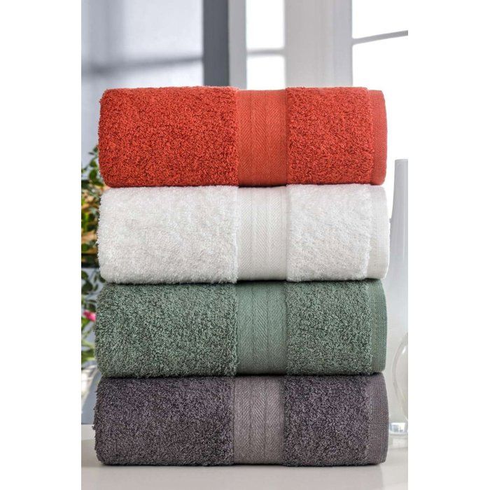 Set of 4 Hand Towels - 50 x 85 cm - 100% Cotton - White, Green, Anthracite, Orange