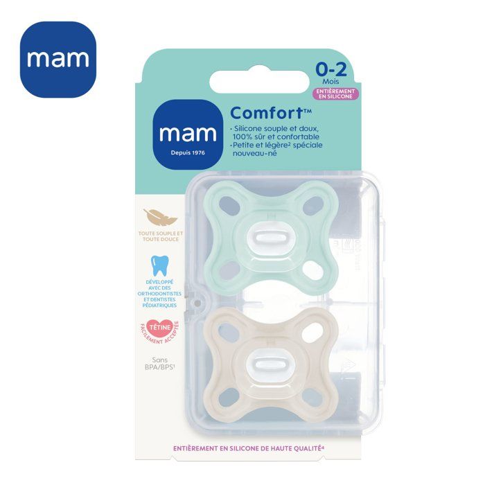 MAM Physiological Pacifier - Pack of 2 - Soft Silicone - Blue/Green