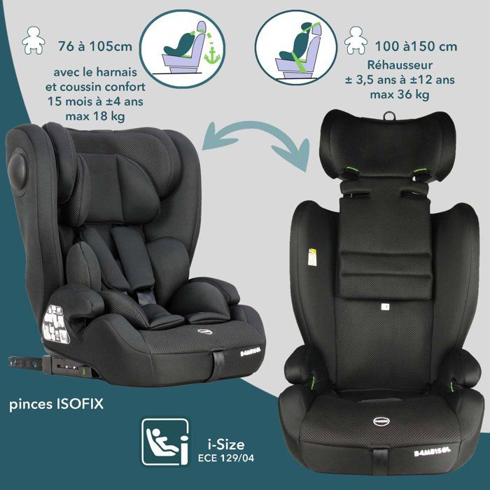 BAMBISOL Convertible Car Seat - I-Size - ISOFIX - Black - AY575N - Group 1/2/3