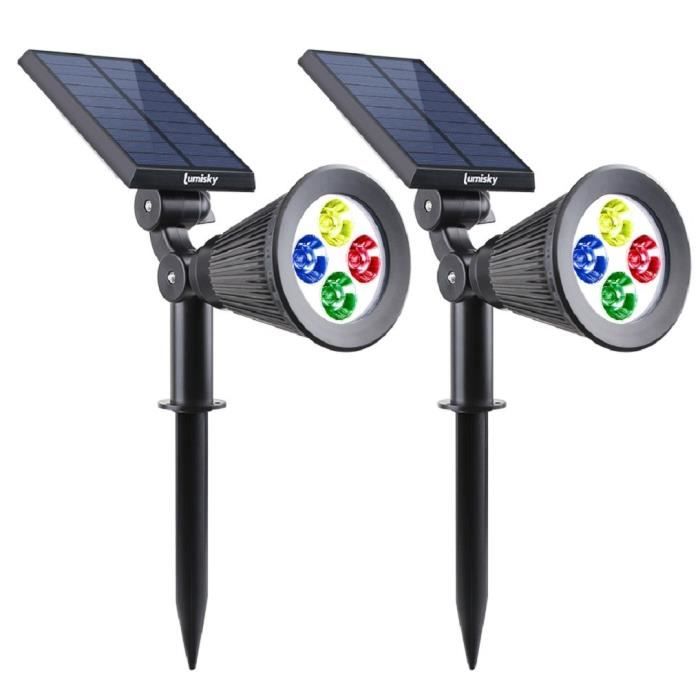 LUMISKY Pack of 2 Waterproof Outdoor Solar Spotlights - 4 RGB LEDs - 200 Lumens - 90° Rotating Head