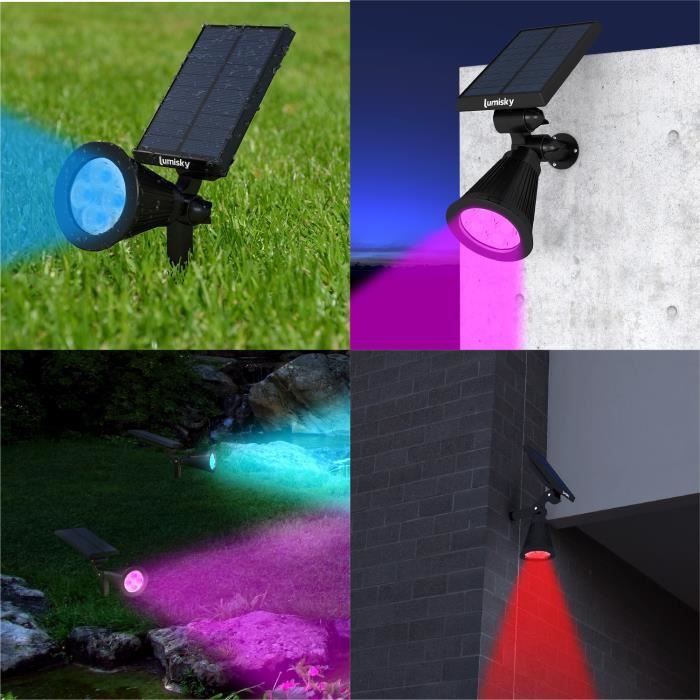 LUMISKY Pack of 2 Waterproof Outdoor Solar Spotlights - 4 RGB LEDs - 200 Lumens - 90° Rotating Head