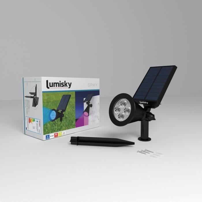 LUMISKY Pack of 2 Waterproof Outdoor Solar Spotlights - 4 RGB LEDs - 200 Lumens - 90° Rotating Head